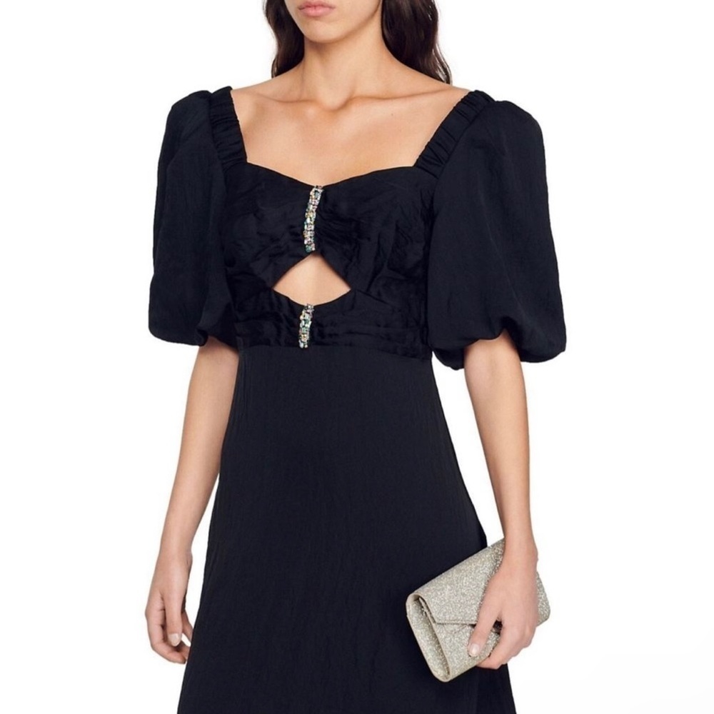 NWT SANDRO Falbala Rhinestone Embellished Cutout Midi Dress Black 6 - Picture 7 of 16